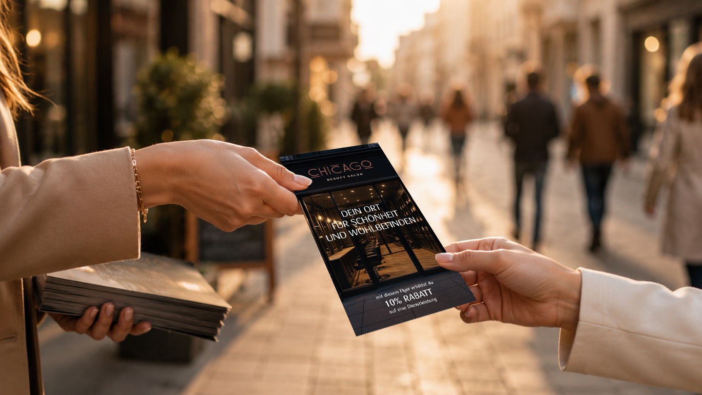 Flyerverteilung auf einer belebten Straße