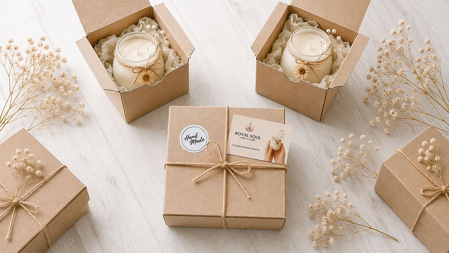 Verpackung mit Kerzen und Visitenkarte